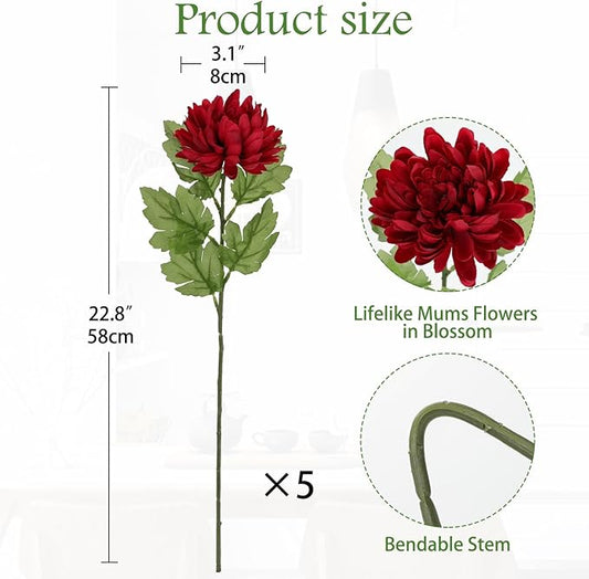 Hollyone 5Pcs Fake Mums Flowers Red Artificial Chrysanthemum Flowers Silk Long Stem Floral Arrangements Bouquets Faux Spider Mum Flower Pincushion Flower Bush Home Decor