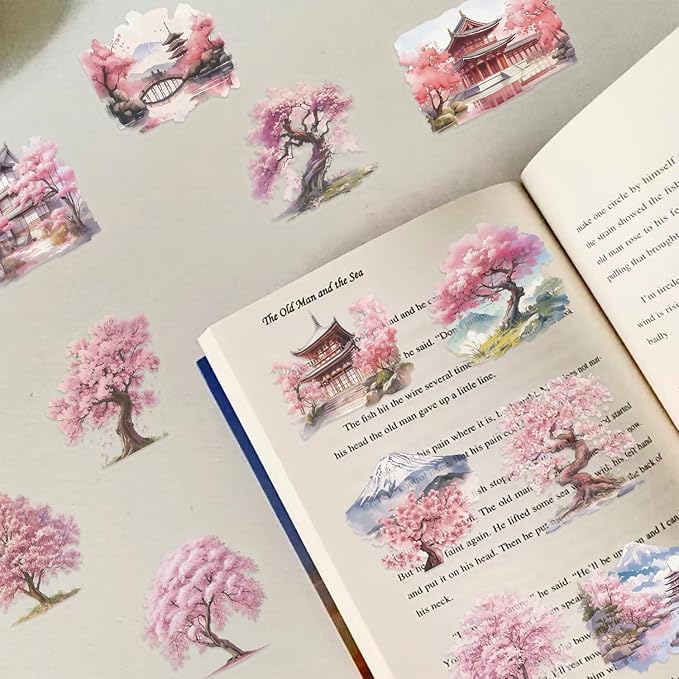 50 Pcs Carambola Tree Stickers, Pink Watercolor Cartoon Stickers, Transparent Waterproof Vinyl Stickers for Scrapbooking, Journaling, Laptop, Water Bottle, Phone Case Decoration for Her, Teen Girls