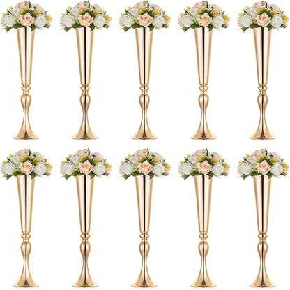 NUPTIO Gold Tall Centerpiece Table: 21.9" Trumpet Vases for Wedding Metal Flower Stand for Party Decorations Set of 10