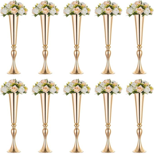 NUPTIO Gold Tall Centerpiece Table: 21.9" Trumpet Vases for Wedding Metal Flower Stand for Party Decorations Set of 10