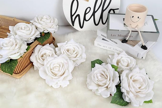 IPOPU 5 Inches White Artificial Large Rose Flower Head Fake Silk Rose with Stem Fake Flowers Bulk for DIY Gifts White Wedding Bouquet Arrangements Home Party Decor
