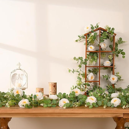 Dolicer 2Pcs 13Ft Artificial Eucalyptus Garlands with Flowers, Faux Floral Greenery Garlands Fake Flowers Vines for Wedding Table Centerpieces Arch Party Ceremony Backdrop Decor (White)