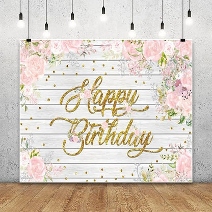 Rustic Wood Flower Happy Birthday Backdrops, 10x8ft, Pink Floral Birthday Photography Backgrounds Sign Banner Party Decorations for Girl Women