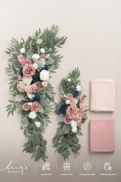 Ling's moment Pink Blue Artificial Wedding Arch Flowers Kit Pack of 4, 2pcs Hanging Flower Arrangement 2pcs Chiffon Drapes Ceremony Reception Fake Rose Arbor Backdrop Floral Party Outdoor Decorations