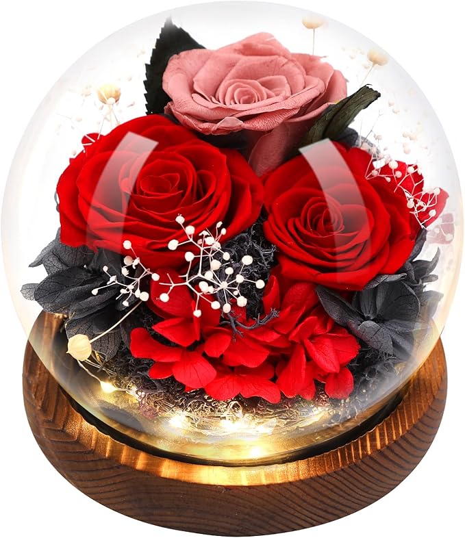 Preserved Flowers,Rose in Glass Dome with LED Light, Gifts for Her, Women, Mom,Grandma,Girlfriend, Wife-Style7