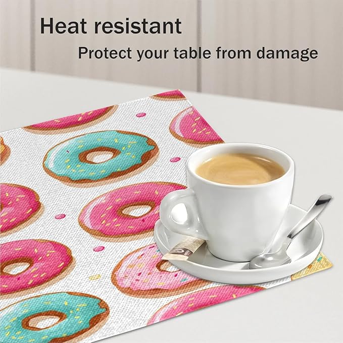 Sweet Doughnuts Placemats, Place Mats Set of 4, Heat Resistant Place Mats, Washable Table Mats for Dining Table, Non-Slip Stain Resistant Kitchen Table Placemats, Colorful Donut Pattern