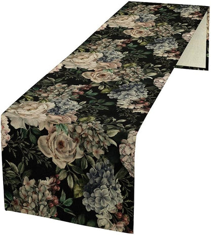 Retro Floral Table Runner, Dark Watercolor Flowers Boho Gothic Botanical Plant Art Table Runner for Indoor Outdoor Dinner Party Decor, 13x36inch