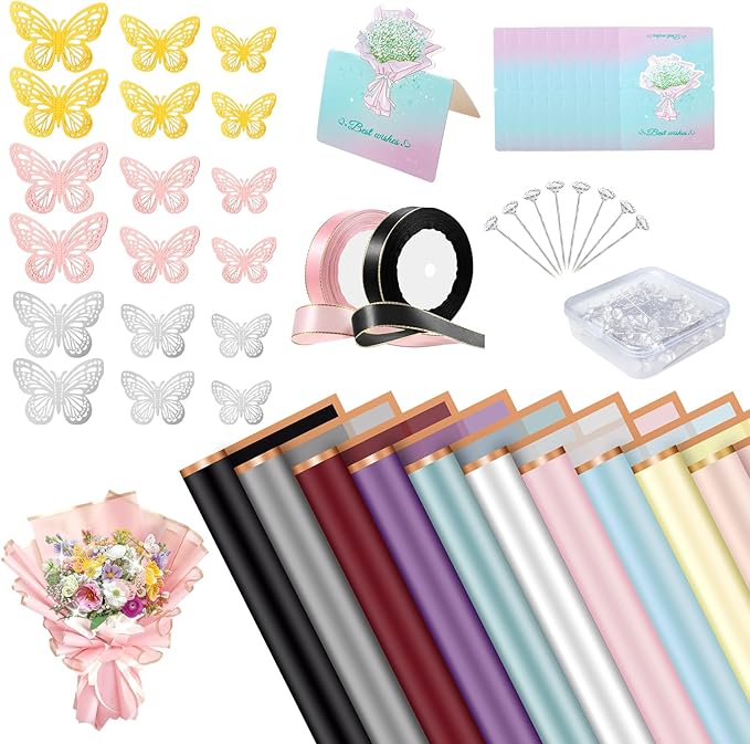 REAXYZNN 235 Pcs Bouquet Wrapping Paper Mother's Day Waterproof Flower Wrapping Paper, Florist Supplies with Pins Butterflies Ribbons Cards for DIY Packaging Bouquet(10 Colors)