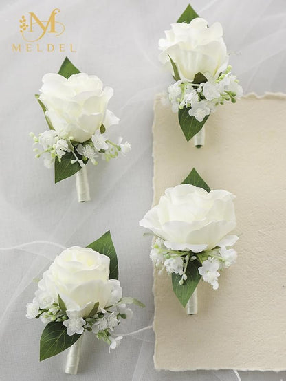 Meldel White Boutonniere for Men Wedding,Set of 6,Groomsmen Groom and Best Man Boutonniere for Wedding Prom, Rose Boutonniere for Men Wedding Ceremony Anniversary Party Homecoming