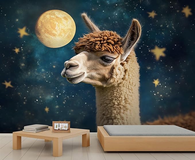 Starry Sky Alpaca Wall Mural, Dreamy Galaxy Moon Alpaca 3D Wall Murals, Cute Animal Wallpaper Mural, for Living Room Bedroom Large Wallpaper Indoor Decor 197" W x124.8 H