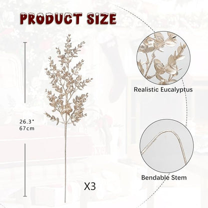 Hollyone 26.3” Christmas Tree Picks and Sprays 3Pcs Champagne Artificial Eucalyptus Stems Eucalyptus Leaves Branches Fake Leaf Floral for Vase DIY Xmas Tree Garland Wreath Centerpieces Wedding Decor