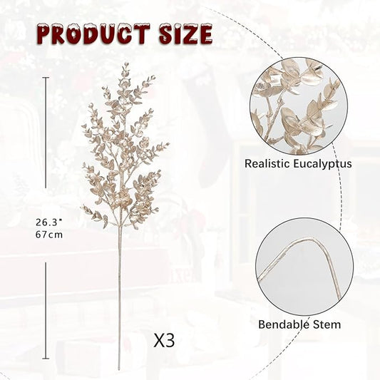 Hollyone 26.3” Christmas Tree Picks and Sprays 3Pcs Champagne Artificial Eucalyptus Stems Eucalyptus Leaves Branches Fake Leaf Floral for Vase DIY Xmas Tree Garland Wreath Centerpieces Wedding Decor