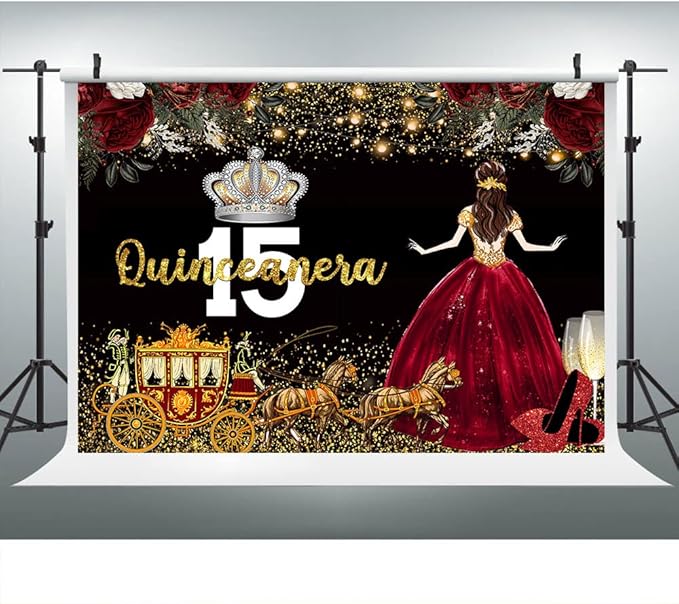 Red Dress Rose Flower Backdrops Quinceanera Birthday Backdrop for Girl Princess Happy 15th Bday Carriage Photography Props Cake Table Banner 9x6ft BJLSLU59