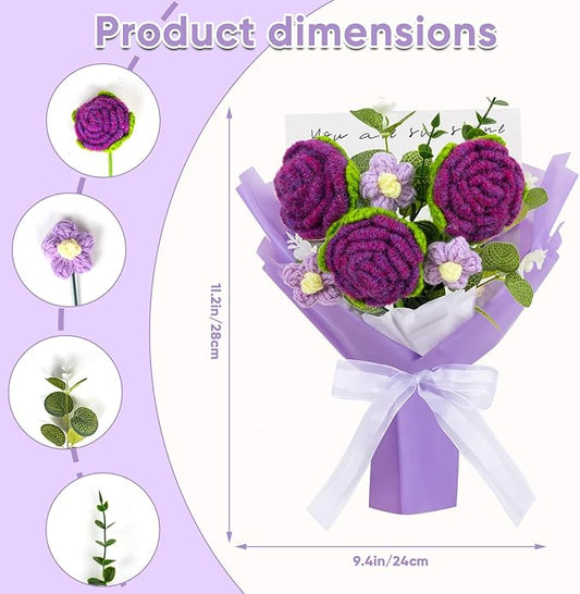 Handmade Rose Bouquet Crochet Flowers Bouquet Rose Knitted Flowers Present for Valentine's Day Wedding Graduation Anniversary Birthday(Medium-Dark Purple Rose)