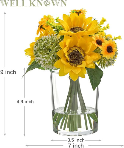 WELL KNOWN Yellow Silk Sunflower Arrangements Bouquet with Vase, Sunflower Artificial Flowers in Glass Vase for Housewarming Decoration Home Decor Office Dining Table Centerpieces