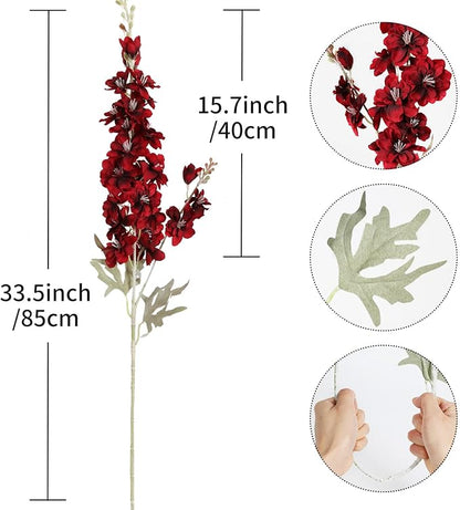 8pcs Red Delphinium Artificial Flowers 33.5in Long Stem Larkspur Fake Silk Flowers for Tall Vase Faux Flowers for Home Wedding Baby Shower Floral Arrangement Centerpiece Table Decor (Dark Red)