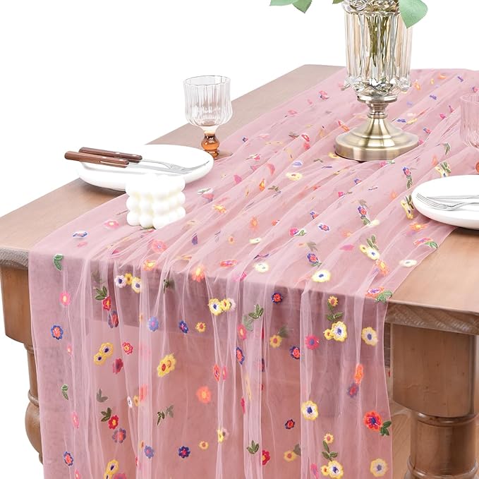 Joanlody 3pcs Blushing Pink Embroidery Daisy Christmas Table Runner Florals Seasonal Tulle Table Runner Holiday Kitchen Dining Table Decoration for Home Party Indoor