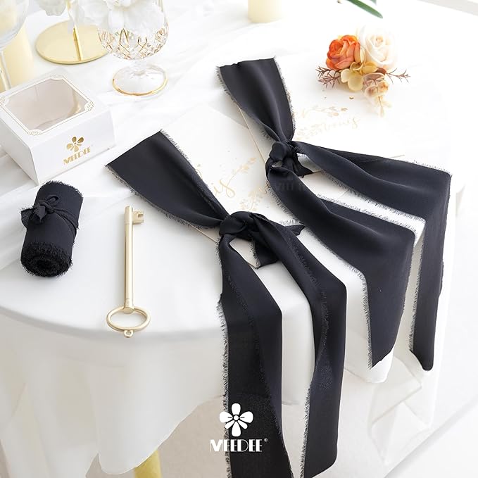 MEEDEE Black Chiffon Ribbon 3 Inch Frayed Ribbon Chiffon Silk Ribbons Black Fringe Wide Chiffon Ribbons for Crafts, Flower Bouquet, Wedding Favors Wrapping (2 Rolls 10 Yards)