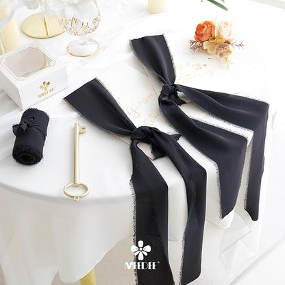 MEEDEE Black Chiffon Ribbon 3 Inch Frayed Ribbon Chiffon Silk Ribbons Black Fringe Wide Chiffon Ribbons for Crafts, Flower Bouquet, Wedding Favors Wrapping (2 Rolls 10 Yards)