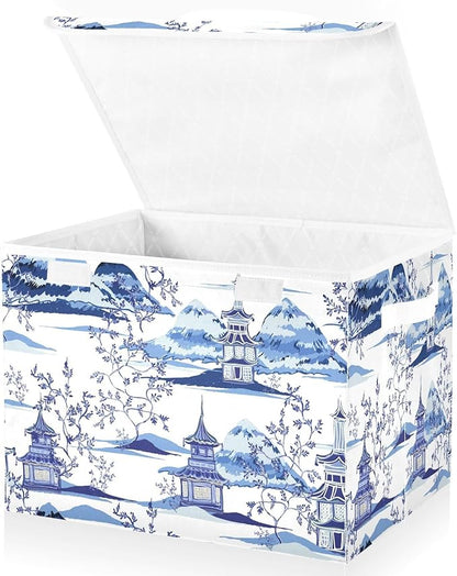 susiyo Beautiful Ink Chinoiserie Pagodas Storage Bin Large Collapsible Storage Box Stackable design Fabric Storage Bins with Lids Decorative Multi-Color Foldable Organizing Baskets For Closet, Utility
