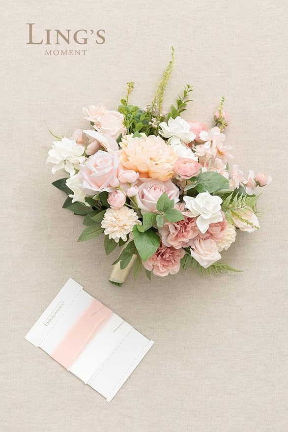 Ling's moment Blush Pink Wedding Bouquets for Bride, Blush and Cream Bridal Bouquets for Bride, 15 Inch Free Form Artificial Wedding Flower Bouquet