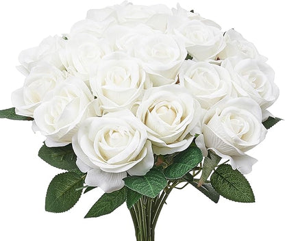 VEVOR Artificial Flowers, 60 pcs Real Looking White Foam Fake Roses Bulk, White Faux Bridal Shower with Stems for DIY Wedding Bouquets, Home Centerpieces Arrangements, Party Tables Decorations