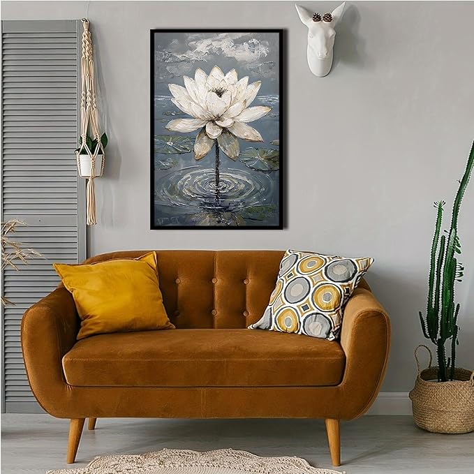 Stunning white lotus emerges from prismatic water with delicate petals background Serene aquatic wall art suitable for modern minimalist decor 16x24in Metal blackFramed
