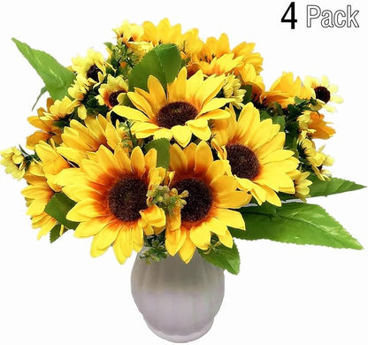 PASYOU Artificial Sunflower Plastic Fake Flowers Sunflowers for Indoor Outdoor Wedding Bridal Bouquet Home Garden Party DIY Wreath Table Arrangement Decoration Pot Planter Filler 4 pcs