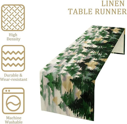 Watercolor Green Pine Trees Table Runner, Forest Woodland Tabletop Scarf Home Kitchen Holiday Decor, Seasonal Farmhouse Rustic Dining Decorations Party Supply 13 X 120 Inch