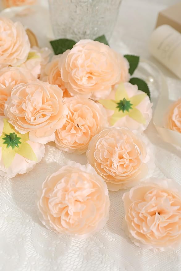 12 PCS Artificial Silk Champagne Peony Flowers with Stems - 8 Inch Fake Peony Bouquet for Wedding, Home Decor, Office Table, Festival Gifts