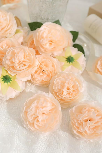 12 PCS Artificial Silk Champagne Peony Flowers with Stems - 8 Inch Fake Peony Bouquet for Wedding, Home Decor, Office Table, Festival Gifts