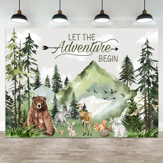 8x6ft Baby Shower Backdrop Mountain Forest Wild Animal Photography Background Cartoon Bear Woodland Green Trees White Cloud Birthday Party Banner Decorations Gender Reveal Photo Booth Prop