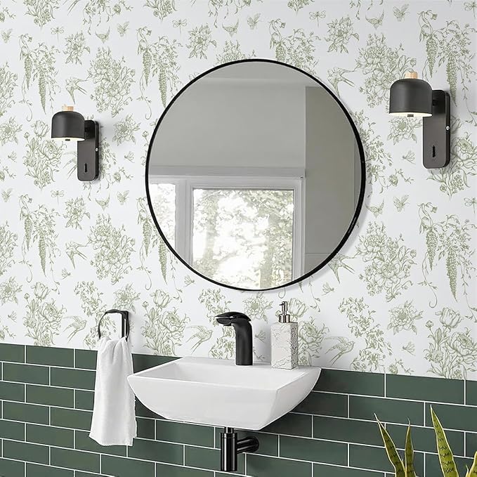 Floral Birds Wallpaper Peel and Stick Green and White Contact Paper 16.9”x 118.1”Vintage Floral Self Adhesive Removable Wallpaper Green Flower Contact Paper for Bathroom Kitchen Decor