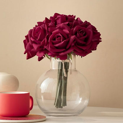 Artificial Roses Single Stem 10pcs Fake Silk Flower Arrangement Bouquet Real Touch for Home Party Wedding Decoration(Rose red)
