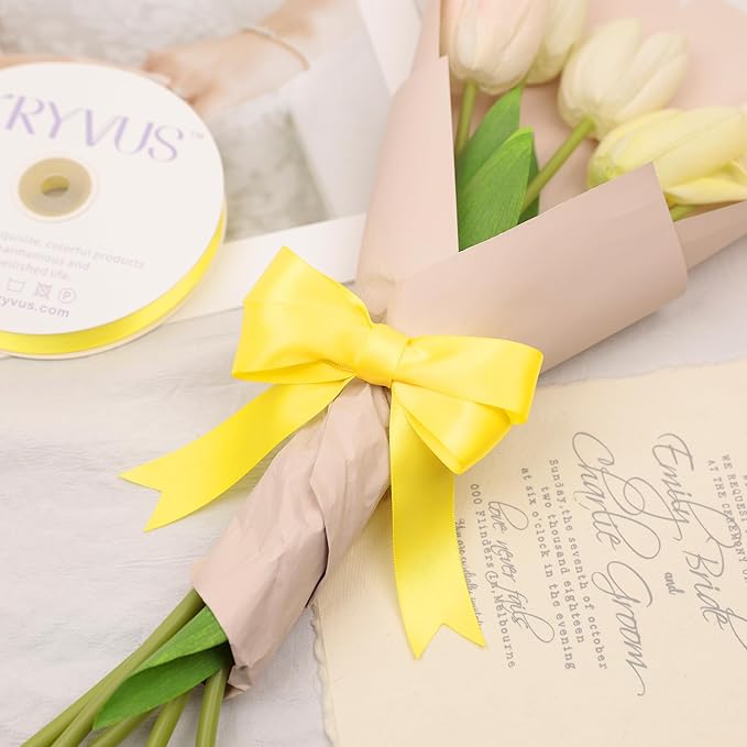 Daffodil Yellow Satin Ribbon, Double Faced 1 Inch X 50 Yards Daffodil Ribbon, Premium Satin Ribbon for Gift Wrapping, Crafts, Hair Bow Making, Sewing, Flower Bouquet, Wedding Party Decor