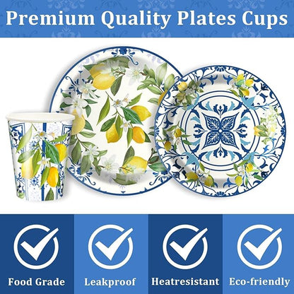 Amalfi Coast Plates and Napkins for Birthday Decorations Kit, Capri Lemon Tableware Supplies for Lemon Theme Summer Decor, Service 24 Guests