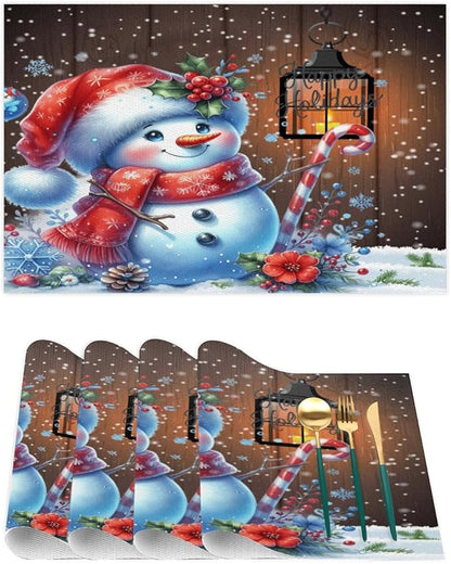 Christmas Art Snowman Snowflake Placemats Set of 1 PVC Vinyl Non Slip Table Mats Heat Resistant Place Mats Washable Wipeable Dining Table Mat for Kitchen Decor Party Indoor Outdoor Decorative Gift