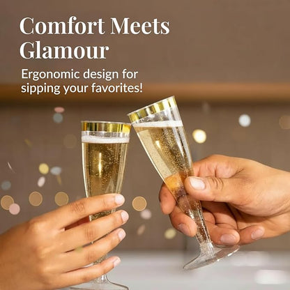 Prestee 48 Disposable Plastic Champagne Flutes with Gold Rim Glitter - Clear Toasting Glasses for Mimosa, New Year’s Eve Party, and Elegant Celebrations - Premium Quality Disposable Stemware