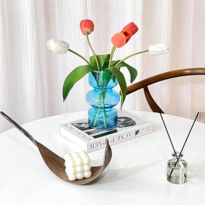 BLOFLO Blue Transparent Glass Hydroponic Vase, 7Inches Colored Glass Vase for Flower, Modern Geometric Three-Layer Floral Vases for Home Office Wedding Table Décor(Blue)