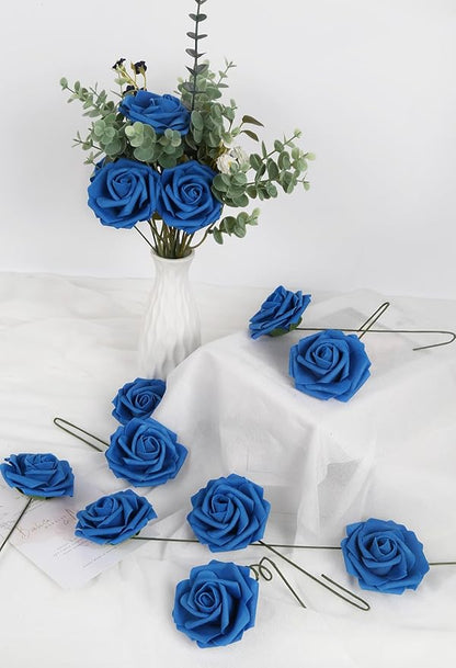 Royal Blue Roses 50PCS Artificial Blue Roses with Stems 2.95" Realistic Fake Blue Roses Foam Flowers for Baby Shower Centerpieces Kissing Ball Table Decor for Party (Royal Blue)