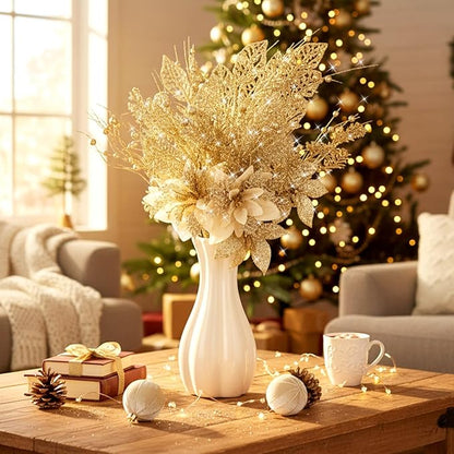 18 Pack 3 Styles 17 Inch Christmas Glitter Poinsettia Berry Stems Ornaments Artificial Floral Branches Picks for Christmas Tree Home Vase Holiday Party Decor(Gold)