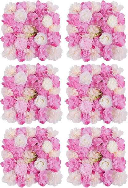 JJIESHENG Flower Wall Panels 3D Flower Wall Backdrop, 6Pcs Artificial Flower Wall Panel Silk Rose Floral Decorative Faux Flower Wall Background for Wedding Home Decoration (White, Pink, 15 * 15in)