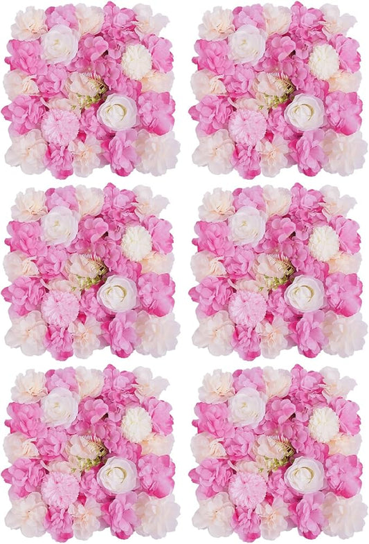 JJIESHENG Flower Wall Panels 3D Flower Wall Backdrop, 6Pcs Artificial Flower Wall Panel Silk Rose Floral Decorative Faux Flower Wall Background for Wedding Home Decoration (White, Pink, 15 * 15in)