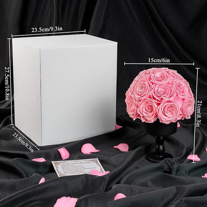 Eternal Rose Dome with Vintage Pedestal, 23 Forever Preserved Roses Arrangement for Home Decoration, Ideal Gift for Christmas,Valentine's Day, Mother's Day, Birthdays-Pink