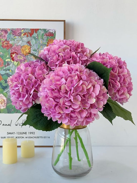 YalzoneMet 4Pcs Pink Purple Silk Hydrangea Artificial Flower Lifelike Big Blooms 20'' Long Stem Faux Hydrangea Flower Bouquets for Home Party Indoor Outdoor Wedding Table Centerpiece Decor