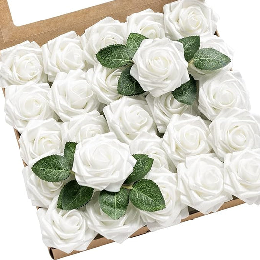 Ling’s Moment Artificial Flowers 25Pcs Glowing White Roses Decor w/Stems,3" Real Touch DIY Foam Floral for Wedding Bouquet/Centerpieces, Outdoors Party Backdrop, Room/Table, and Garden/Pot Decorations