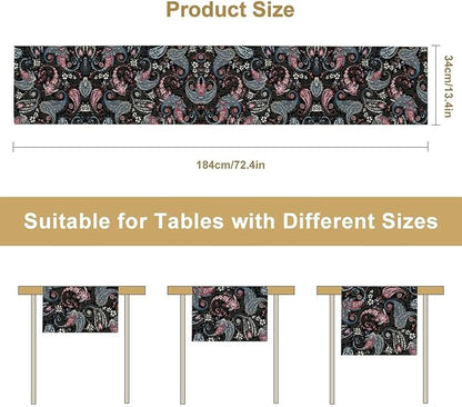 Bohemian Table Runner, Black Blue Pink Paisley Floral Boho Decor Table Runner for Kitchen Dining Home Party, 13x36 Inch