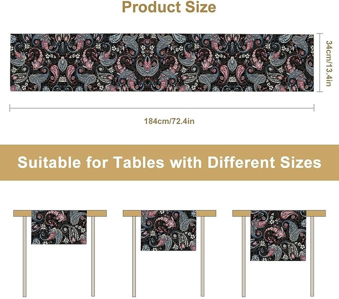 Bohemian Table Runner, Black Blue Pink Paisley Floral Boho Decor Table Runner for Kitchen Dining Home Party, 13x90 Inch