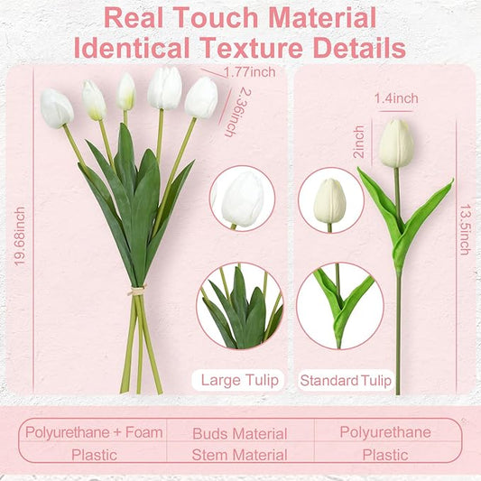 Real Touch Artificial Tulips, 20pcs Fake Tulip Flowers Stem, PU Faux Tulips 19.7” for Mother's Day, Home Decor, Wedding, Easter Valentine's Gift, Table Centerpiece, Floral Arrangements, White