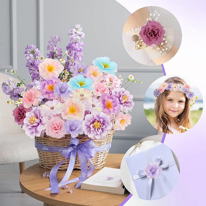 210 Pcs Mini Silk Flower Heads Small Fake Rose Daisy Faux Flowers Bulk for Crafts Artificial Loose Fabric Flowers Heads Sunflower Bulk for Wedding Hair Cap Dresses Decorations, Purple